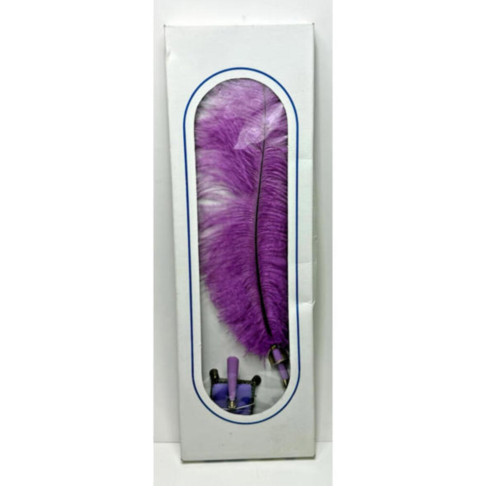VTG Hallmark Genuine Ostrich Plume Pen w/Base Lavender Wedding Novelty